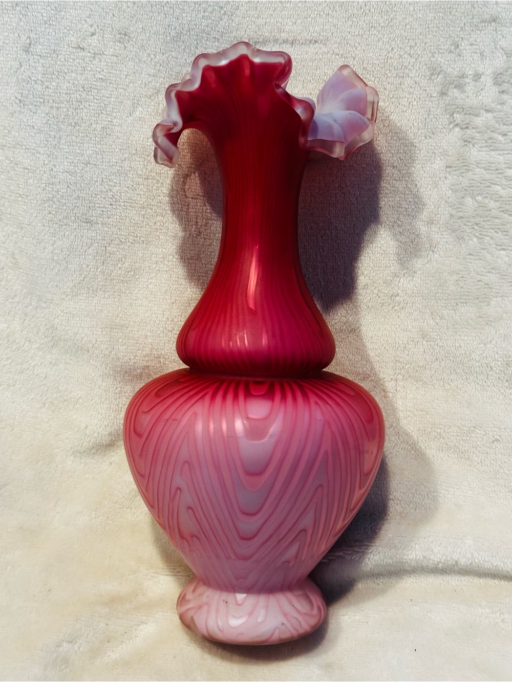 Victorian Diamond Quilted Pink Satin Glass Ruffled Top Vase Cased Hand Blown 9”